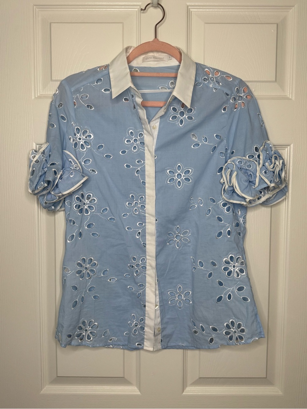 Anne Fontaine Light Blue Eyelet Button-Down Shirt with White Trim